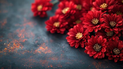 Poster - A close-up of vibrant red flowers against a textured blue background, creating a striking contrast that highlights their delicate beauty.