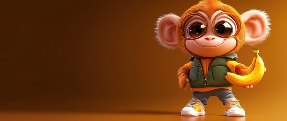 Poster - A cute cartoon monkey character holding a banana, dressed in a stylish jacket and sneakers.