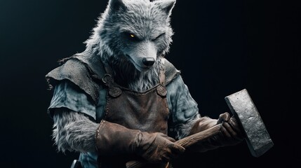 Poster - A wolf character wielding a hammer, dressed in rugged attire, showcasing a fantasy theme.