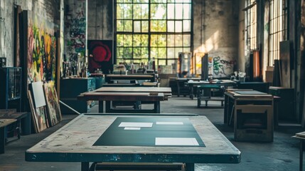 Poster - A spacious art studio with tables and natural light, ideal for creative work.