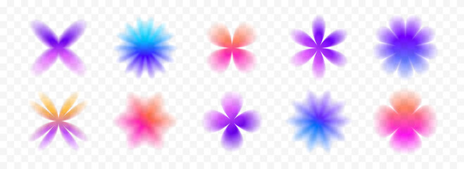 Poster - Colorful smooth blurred gradient flower set. Bright blurry aura shape collection. Fading abstract elements for poster, template, badge, sticker, collage. Vector iridescent flowers and sparkles pack 