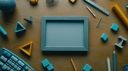 Poster - A workspace scene with a picture frame surrounded by colorful geometric shapes and tools.