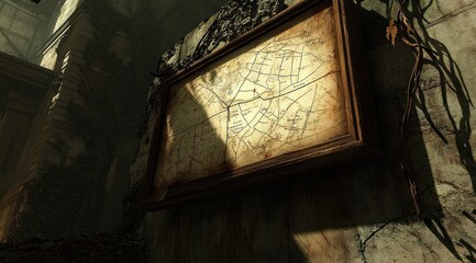 Poster - An aged map displayed on a wall, surrounded by nature's encroachment in a dimly lit space.