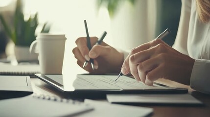 Poster - A person writing on a tablet with pens, surrounded by coffee and papers.
