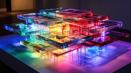 Poster - Abstract Multicolored Sculpture of Transparent Layers with Illuminated Base Displayed in Contemporary Art Gallery Setting