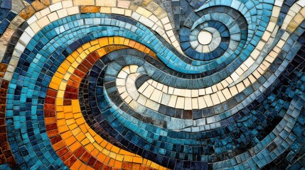 Poster - Colorful Mosaic Art Featuring Swirling Patterns of Blue, Orange, and Yellow Tiles Creating a Vibrant and Artistic Design for Interior Decoration and Wall Art