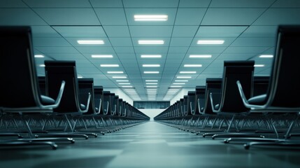 Poster - A labyrinth of bureaucratic corridors lined with rows of empty chairs and dimly lit by flickering fluorescent lights, Reflecting the frustration of administrative inefficiency, photography style