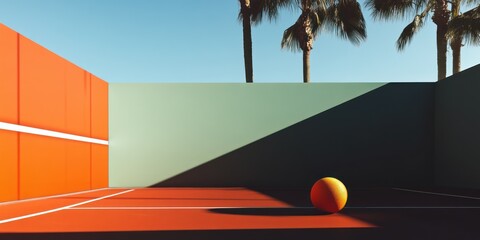 Poster - A vibrant sports court with a ball and palm trees under a clear sky.