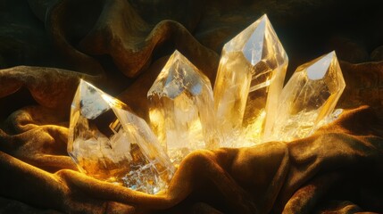 Poster - Beautiful Crystals Catching Light on Soft Velvet Cloth, Illuminating the Surroundings and Creating a Magical Atmosphere with Their Radiant Glow