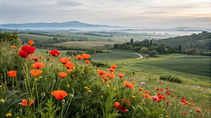 Wall Mural - Vibrant blossoming poppies in a serene landscape, poppies, vibrant, blossoming, flowers, landscape, nature, serene, peaceful