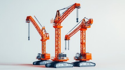 Aufkleber - Three orange construction cranes on tracks, designed for heavy lifting and construction tasks.