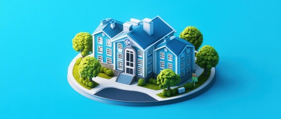 Poster - A stylized blue building with trees and a pathway, representing a welcoming environment.