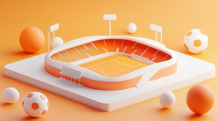 Aufkleber - A stylized soccer stadium with orange accents and surrounding balls, representing sports activity.