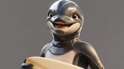 Poster - A cheerful dolphin character holding a surfboard, designed for a playful and fun atmosphere.