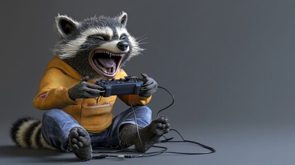 Aufkleber - A raccoon character joyfully playing video games with a controller.