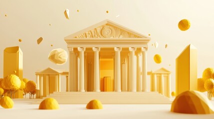 Poster - A stylized, minimalist architectural structure in warm tones, surrounded by abstract shapes.