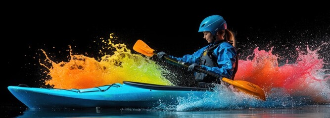 Poster - A kayaker splashes through vibrant colored water, showcasing action and excitement in sports.