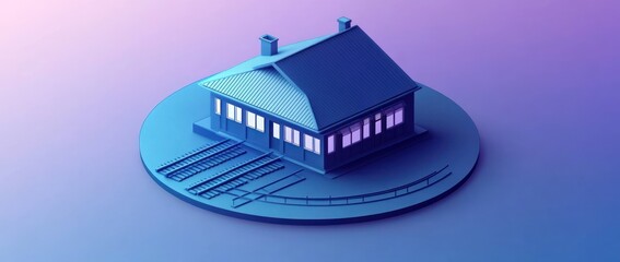 Poster - A stylized 3D model of a train station with tracks, set against a gradient background.