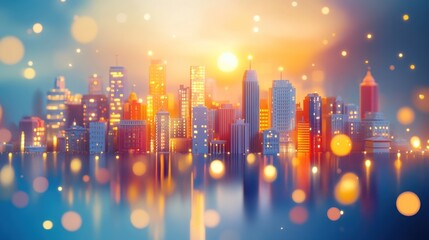 Poster - A vibrant city skyline at sunset, with shimmering lights reflecting on water.