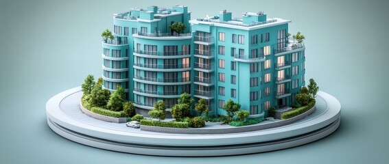 Poster - A stylized architectural model of a modern building surrounded by greenery.