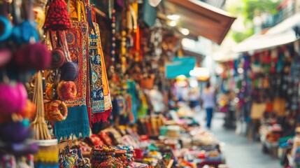 Aufkleber - A multicultural street market where vendors sell traditional crafts and delicacies from different countries, Illustrating economic diversity and cultural exchange, photography style