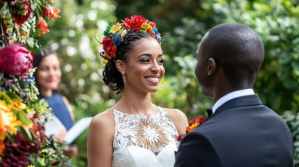 Poster - A multicultural wedding ceremony in a garden, with brides and grooms from different cultural backgrounds exchanging vows, Symbolizing love and unity in diversity
