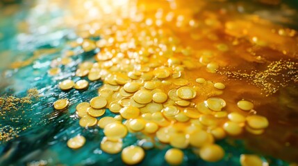 Poster - Abstract composition of yellow droplets on a colorful background, evoking a sense of fluidity.