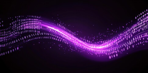 Poster - Abstract digital wave with binary code in purple hues, representing technology and data flow.