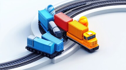Poster - A colorful toy train set with various cargo cars on a curved track.