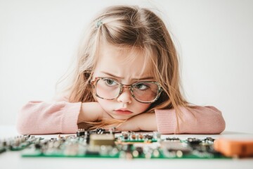 Aufkleber - A young girl with glasses looks confused while examining a circuit board.
