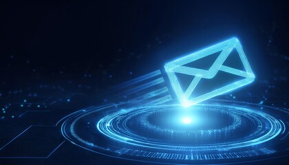 Poster - A glowing digital envelope symbolizes email communication, surrounded by a circular pattern of light in a futuristic setting.