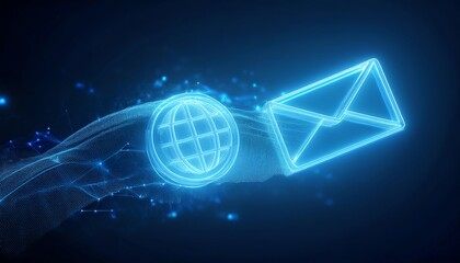 Poster - A glowing globe and envelope signify digital communication and connectivity in a high-tech, futuristic design.