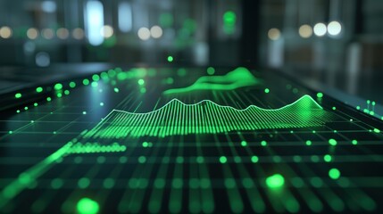 Leinwandbilder - Digital visualization of sound waves with green data points on a dark background.