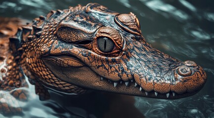 Aufkleber - A close-up of a crocodile's head partially submerged in water.