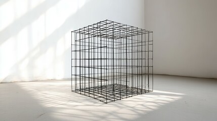 Poster - Minimalist Wireframe Sculpture Casting Dramatic Shadows in Bright Indoor Space, Displaying Unique Artistic Design and Architectural Elements
