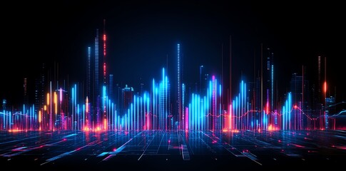 Fototapete - Futuristic city skyline with vibrant neon lights and digital data streams.
