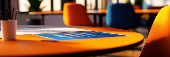 Aufkleber - A modern workspace featuring an orange table, colorful chairs, and a document on the surface.