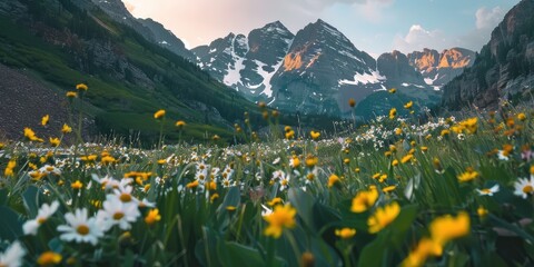 Wall Mural - A stunning shot of Maroon Bells with a foreground of lush wildflowers, capturing the iconic Colorado landscape in peak bloom. 