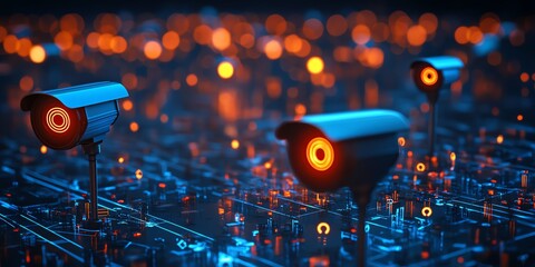 Aufkleber - Futuristic city surveillance, CCTV cameras monitoring a digital landscape at night.