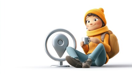 Aufkleber - A cheerful character in a yellow outfit sits with a coffee cup beside a location pin symbol.