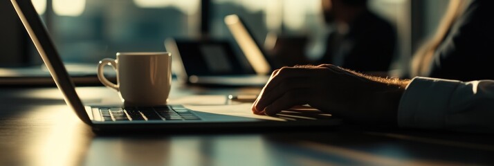 Poster - A person typing on a laptop with a coffee cup in a modern workspace.