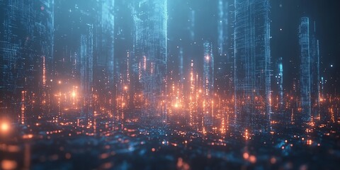 Aufkleber - Futuristic cityscape with glowing towers and digital particles.