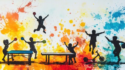 Aufkleber - Silhouettes of children playing and jumping against a colorful splash background.