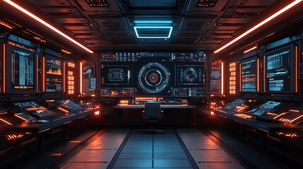 Fototapete - Futuristic control room interior with glowing screens and consoles. (1)