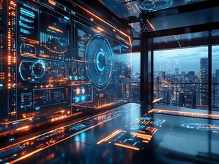 Fototapete - Futuristic control room with city view; digital interface displays data and graphs.
