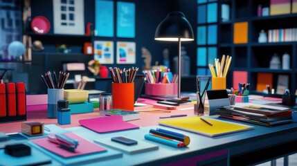 Poster - A vibrant workspace filled with stationery and creative tools for artistic projects.
