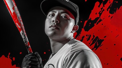Poster - A dramatic portrait of a baseball player holding a bat, set against a striking red background.