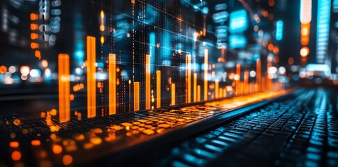 Poster - Futuristic digital data streams displayed on a computer keyboard at night.