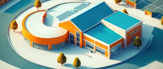 Aufkleber - A modern building with a curved design and vibrant colors, likely a community center or school.