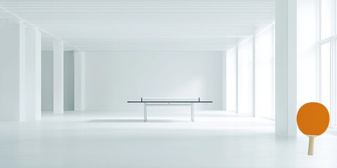 Poster - A minimalist room featuring a ping pong table and an orange paddle in a bright, open space.